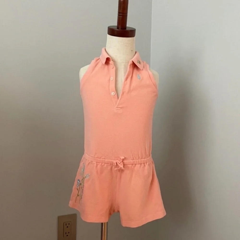 RALPH LAUREN GIRLS EMBROIDERED PIQUE POLO ROMPER